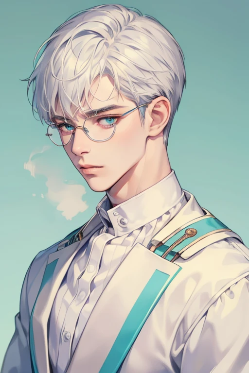 ((Masterpiece, Highest Quality)), Detailed Face, male, white sweater, turquoise eyes, (((Top Quality))), Short hair, Shaved whiskey,Spits, white colored hair, Stylish glasses