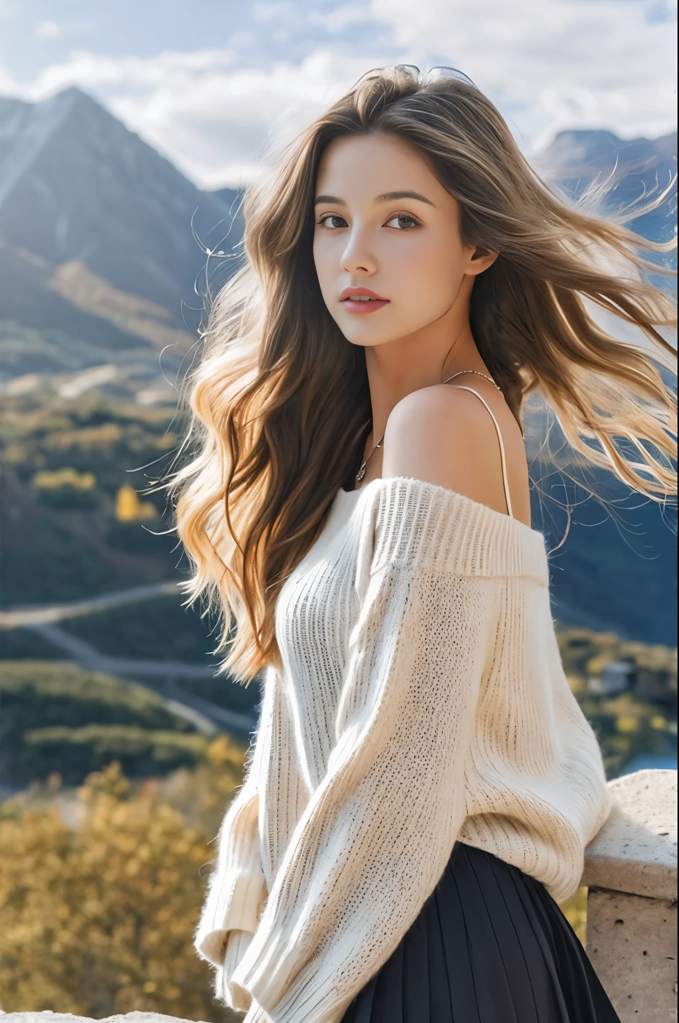 1girl in, age19, Solo, Middle hair,Wavy hair with gradients、 small tit, Looking at Viewer, long messy windy light brown hair, Bare shoulders, Full body, a necklace, off shoulders, White sweater, Realistic, A sexy, Colored leaves, mountains on background々.