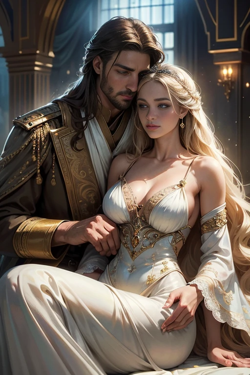(masterpiece, highest quality, high resolution, 8k, difficulty: 1.2) photorealistic book cover in the genre of epic romantic fantasy, centered on a COUPLE (man and woman). Spring romantic fantasy in the center - a handsome tall statuesque manly young man with long white hair, wearing a military uniform and ribbed armor, he hugs from behind a beautiful incredibly beautiful young femme fatale with long golden hair, blue eyes, she is a princess, proportional, delicate, shimmering, beautiful faces, daytime bokeh, a fairy tale, mysterious, light spring color gamma, (Best quality, 8K, high resolution, Masterpiece: 1,2), Over-detailed (Realistic, Photorealistic, photorealistic-realistic: 1,37), Artistic design in a creative style, Historical, Classic, Exquisite, many colors, High detail, soft lighting, luxurious furnishings, dress with details, Bright flowers, exquisite jewelry, Unearthly atmosphere, Elegant pose, Graceful curves, Golden proportions of the body, Loose hair, Breathtaking textile patterns, Piercing blue eyes, Delicate floral decor, Dazzling set of crystal accessories, Mysterious and dreamy atmosphere, Impeccable attention to detail.