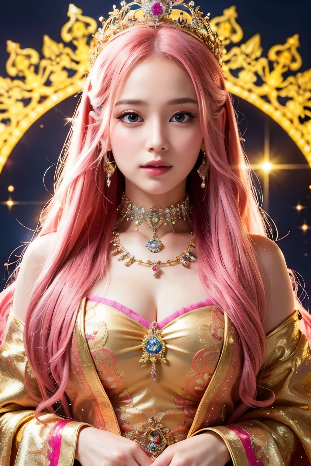 ((highest quality)), ((masterpiece)), (detailed), Perfect face, spiritual goddess, romantic look, long pink hair, mysterious look, amazing aura, gorgeous upper body, even more beautiful look, sparkling crown and decorations, from the front