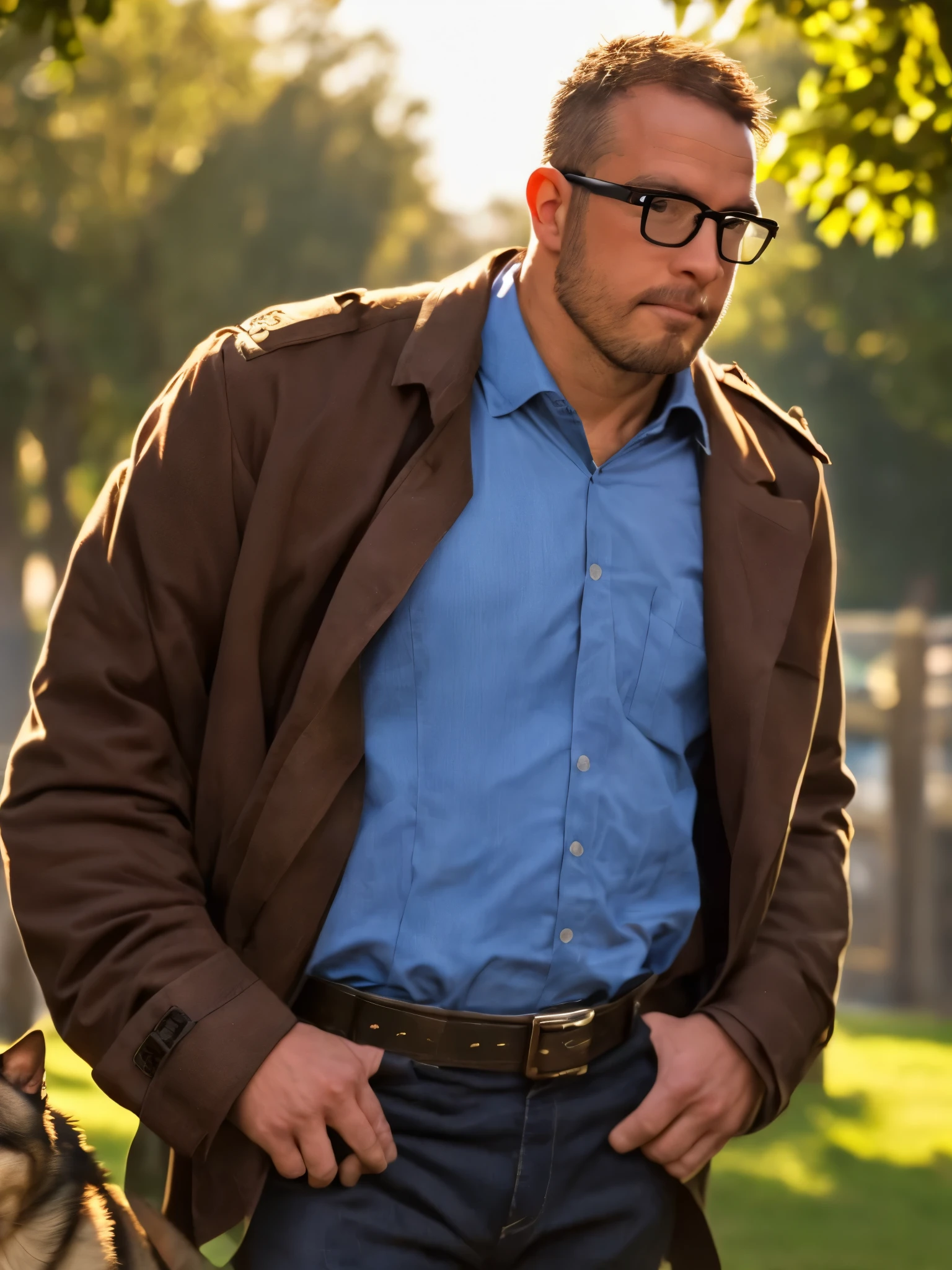 An award-winning original photo, a handsome 35-year-old man, crew cut, full body, mature man, [slightly fat], asian, brown eyes, glasses, (((slightly balding))), 1boy, Solo, (big shoulder), stubbles, (Short beard), Dynamic Angle, volumetric lighting, (Best quality, A high resolution, Photorealistic), Cinematic lighting, Masterpiece, RAW photo, Intricate details, hdr, depth of field, landscape, a man and a big K9 German Sheppherd dog, middle-aged man, stubbles, blue formal shirt, brown leather jacket, facial hair, Beautiful eyes:1.3, ), (Detailed face:1.3), have a police badge on the belt, standing in a park, the man standing behind the dog, ((the high well detailed)), detailed face, bad ass shot, seen from the front, full body shot, from below, close up on the dog, (looking up:1),