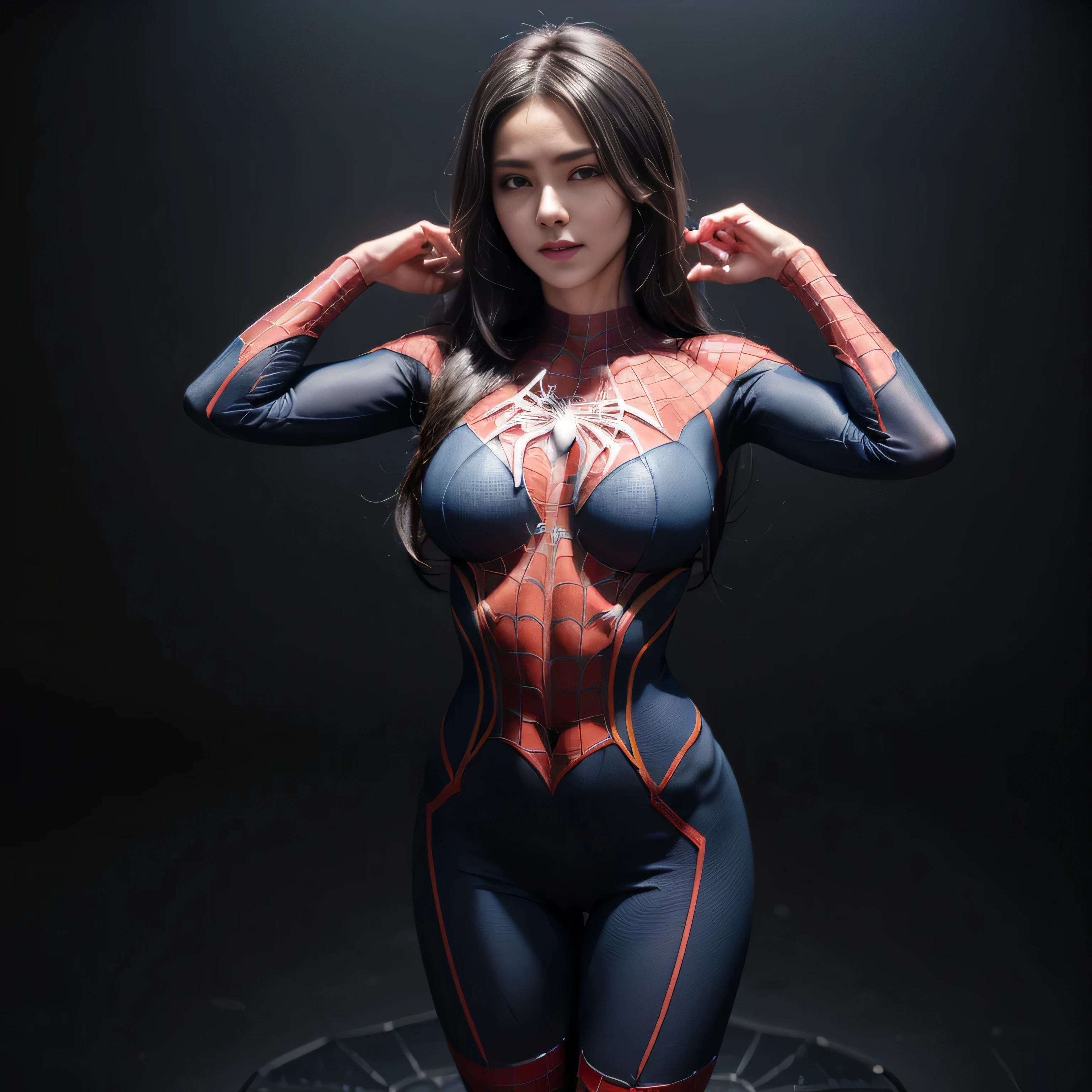8K, Top Quality, Intricate Details, Ultra Detail, Ultra High Resolution, Masterpiece, close up shot, (full body: 1.1), Slender, Smile, (Makeup: 0.4), (Fluffy Blue Eyes: 1.21), blue Eyes, ((full body)), 1girl, solo, 1 girl, (( full body)), close up shot, , ((tall)), (((fit body))), (((slim face))), sharp face, sharp eyes, (( black hair, long hair)) , (detailed face), sharp face, small lips, standing, arms up,
((black spiderman suit)), detailed face, detailed breast, , large breast, detail ass, , Beautiful girl with accentuated slender abs: 1.4, Six Pack Abs: 1.4, Bust Botox, Big, Perfect Body, detail leg, (( dark background)), black background,