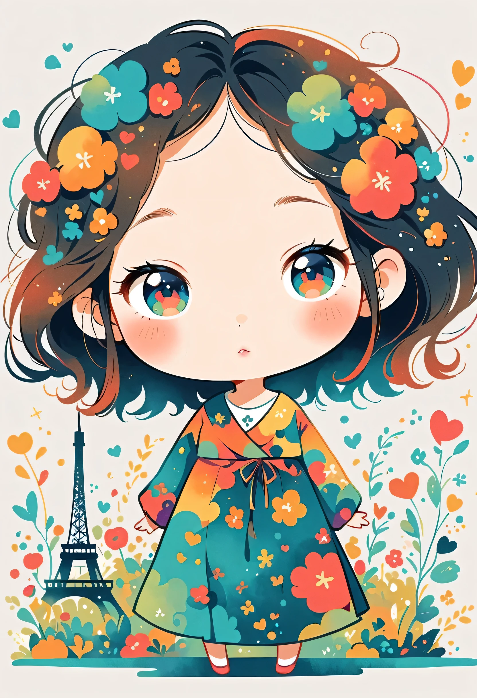 Anmi style, Standing in front of a high wall，Simple Line Initialism，Abstract art，Paris Background, (((The most beautiful girl))), chibi, lips in love