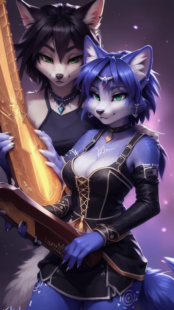 A beautiful and detailed (sweet portrait) von ((Krystal)), Sternenfuchs Krystal, Schlank, liebenswert, green eyes, medium breasts, (((Lange blaue Haare 1.3))),  ((schwarze haarspitzen)), Dekollete, Grinsen, hoch schauen,, anthro, Pelzig, Hochgeladen E621, detailed flauschige fur, (von Fluff-Kevlar, Bayard Wu, Personalami, Pino Daeni), detailliertes Gesicht, (flauschige), 1 girl, Allein, spielt gitarre
