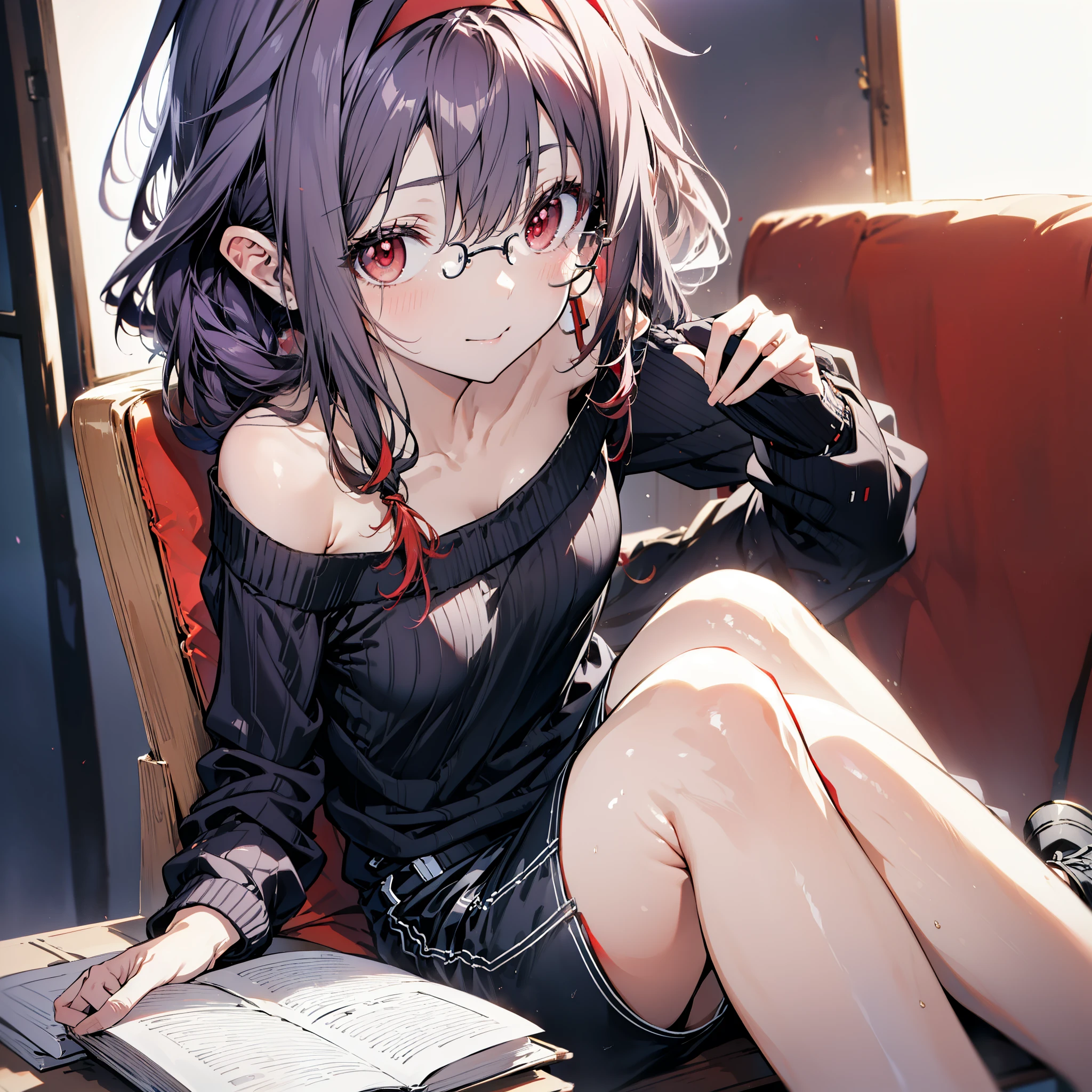 yuukikonno, Konno Yuuki, hair band, Long Hair, Pointed Ears, Purple Hair, (Red eyes:1.5), (Small breasts:1.2), Close your mouth,smile、,Long braids,Black-rimmed glasses,Oversized one-shoulder sweater,Shorts,short boots,sitting in a chair reading a book,
break looking at viewer, whole body,
break indoors, figure書館,
break (masterpiece:1.2), highest quality, High resolution, unity 8k wallpaper, (figure:0.8), (Beautiful fine details:1.6), Highly detailed face, Perfect lighting, Highly detailed CG, (Perfect hands, Perfect Anatomy),