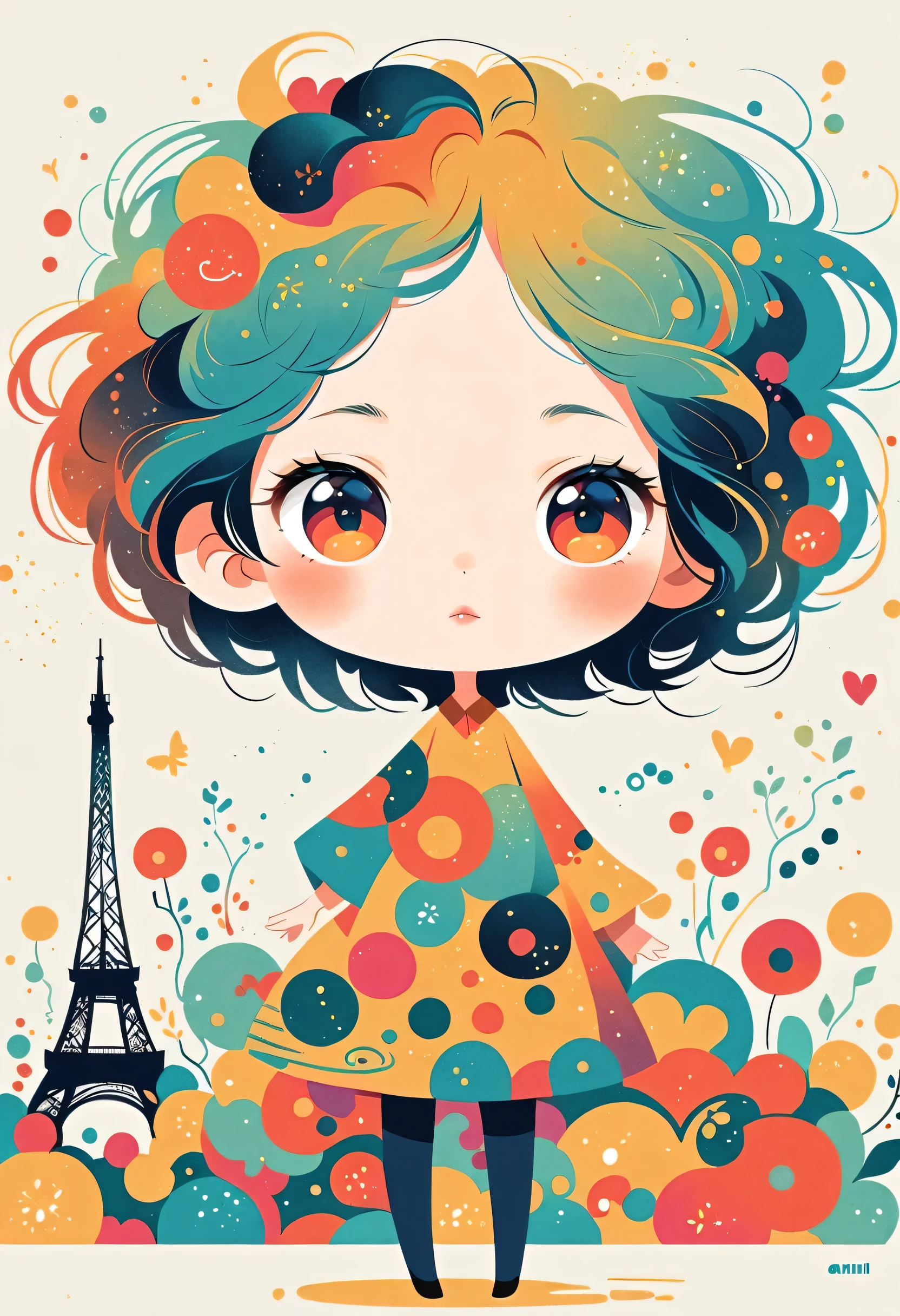 Anmi style, Standing in front of a high wall，Simple Line Initialism，Abstract art，Paris Background, (((The most beautiful girl))), chibi, lips in love