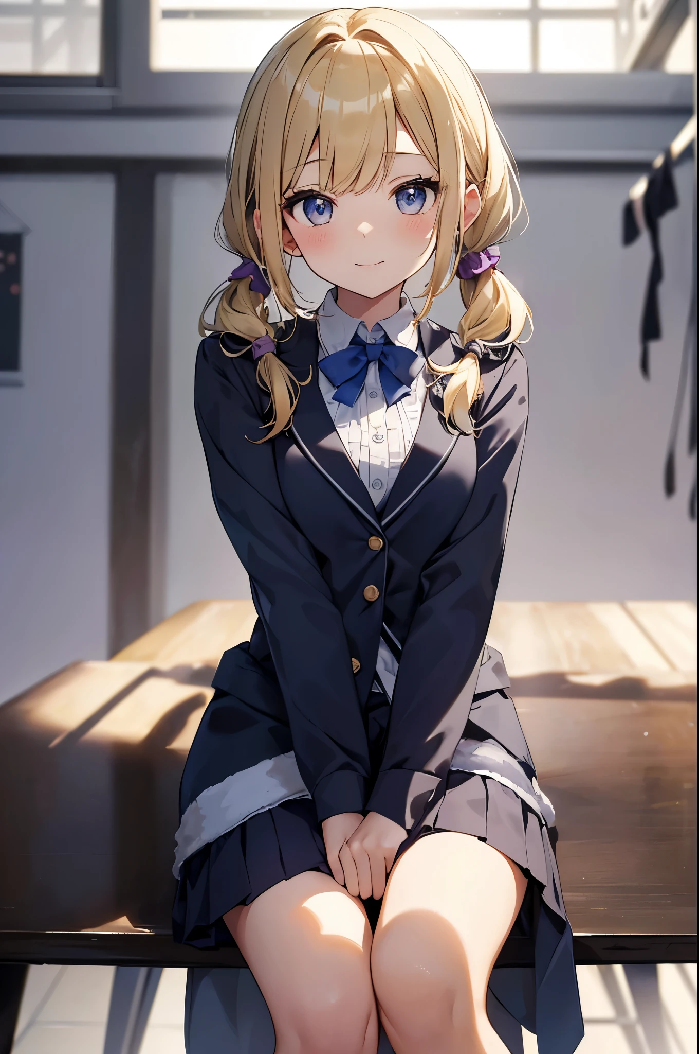 Browsing Caution:1.4, 8k, expensiveest quality, masterpiece, Vibrant, Real person, Wallpaper by Unity 8k, School classroom、Sit at a desk、Sit with your legs apart、(1 girl) , Beautiful Eyes, (Delicate face) , Perfect detail, (Best lighting) , (超Complexdetailed),、(Shooting from below:1.5)、Peeking out from under the skirt、Cowboy Shot、{Low Angle:1.4}、Showing panties、Laughter、Smiling girl、expensive , {Navy Blue Blazer:1.2}、{White shirt}、{Yellow ribbon}、{Grey pleated skirt}、((Small breasts:1.2))、Wearing a proper uniform、(1 girl),(Beautiful Eyes、detailedに描かれた、Look at the details、masterpieceサイドライト、masterpiece、expensiveest quality、detailed、High resolution illustrations),Delicate makeup, (close:1.2)、throw、Soft focus ground bokeh、Turn to me and smile,black eye,Half-up hairstyle with short bangs((blonde)))、Curly Hair,short hair, ((Low twin towel:1.3), (Short pigtails:1.3), 非常にdetailedな, Complex, Tabletop, Small Ass、thin texpensives