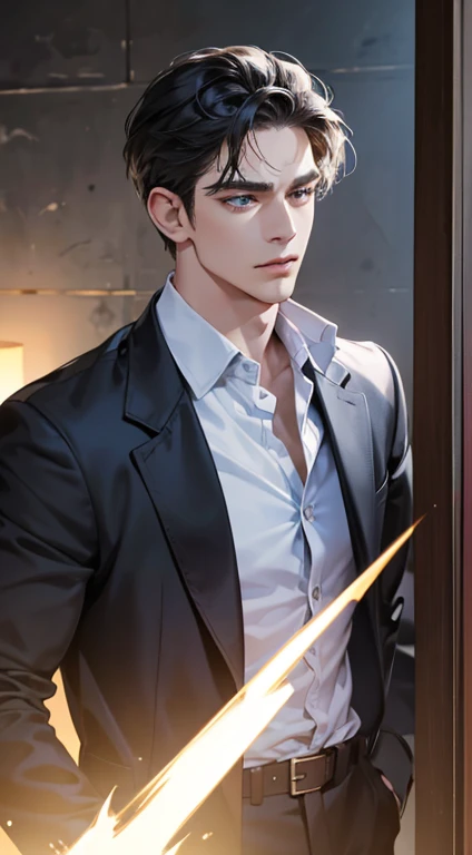 (best quality, masterpiece, 8K, photorealistic, cinematic lighting, 1:4 hdr image, ultra detailed, beautiful image), a mature man, 34 years very handsome, ((cold expression)), short black hair, blue eyes, face perfect without mistakes, ((buttoning his jacket, CEO))