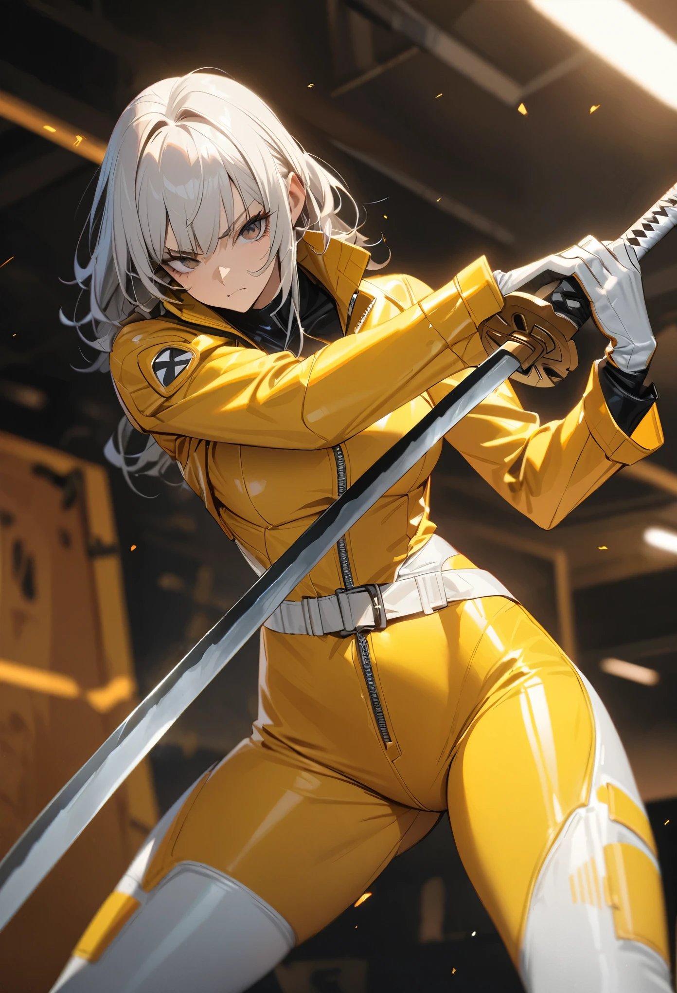 masterpiece, best quality, ultra-detailed, highres, detailed, Tight Combat Suit as kill bill movie character, a katana in hand, combat pose,