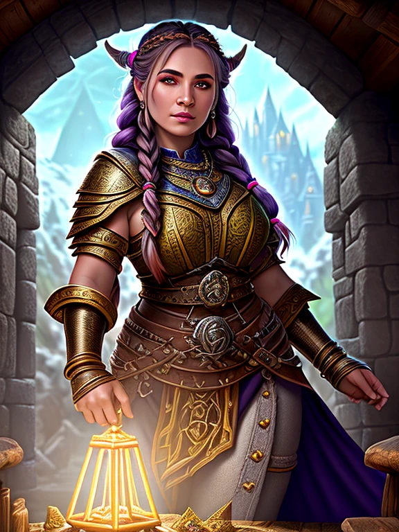 Award-winning digital art of a dwarven priestess, Braided hair, Fully clothed, in a fantasy village, d&d, masterpiece, highest quality, High Contrast, Soft lighting, Backlight, bloom, The light shines, chromatic aberration, Smooth, Sharp focus