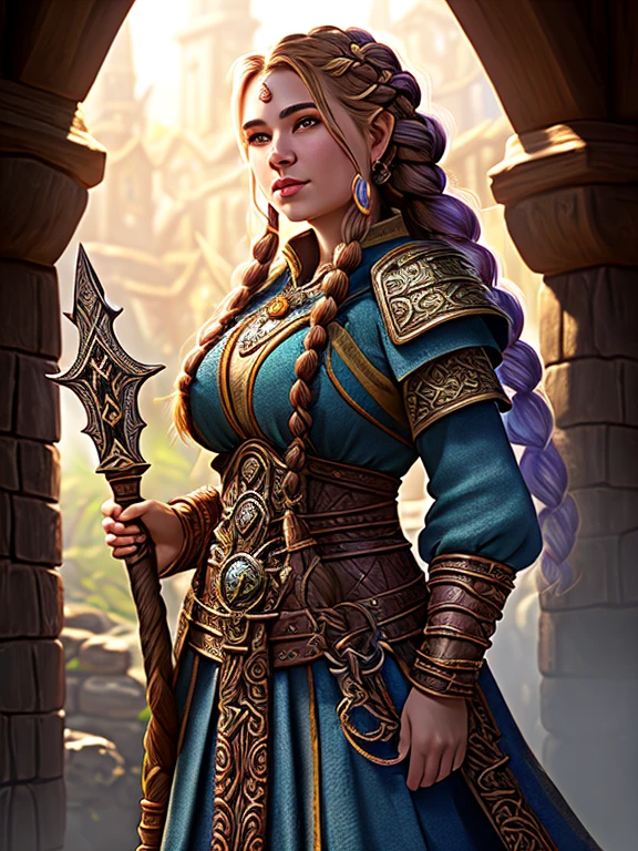 Award-winning digital art of a dwarven priestess, Braided hair, Fully clothed, in a fantasy village, d&d, masterpiece, highest quality, High Contrast, Soft lighting, Backlight, bloom, The light shines, chromatic aberration, Smooth, Sharp focus 