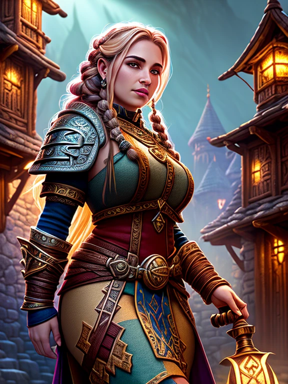 Award-winning digital art of a dwarven priestess, Braided hair, Fully clothed, in a fantasy village, d&d, masterpiece, highest quality, High Contrast, Soft lighting, Backlight, bloom, The light shines, chromatic aberration, Smooth, Sharp focus