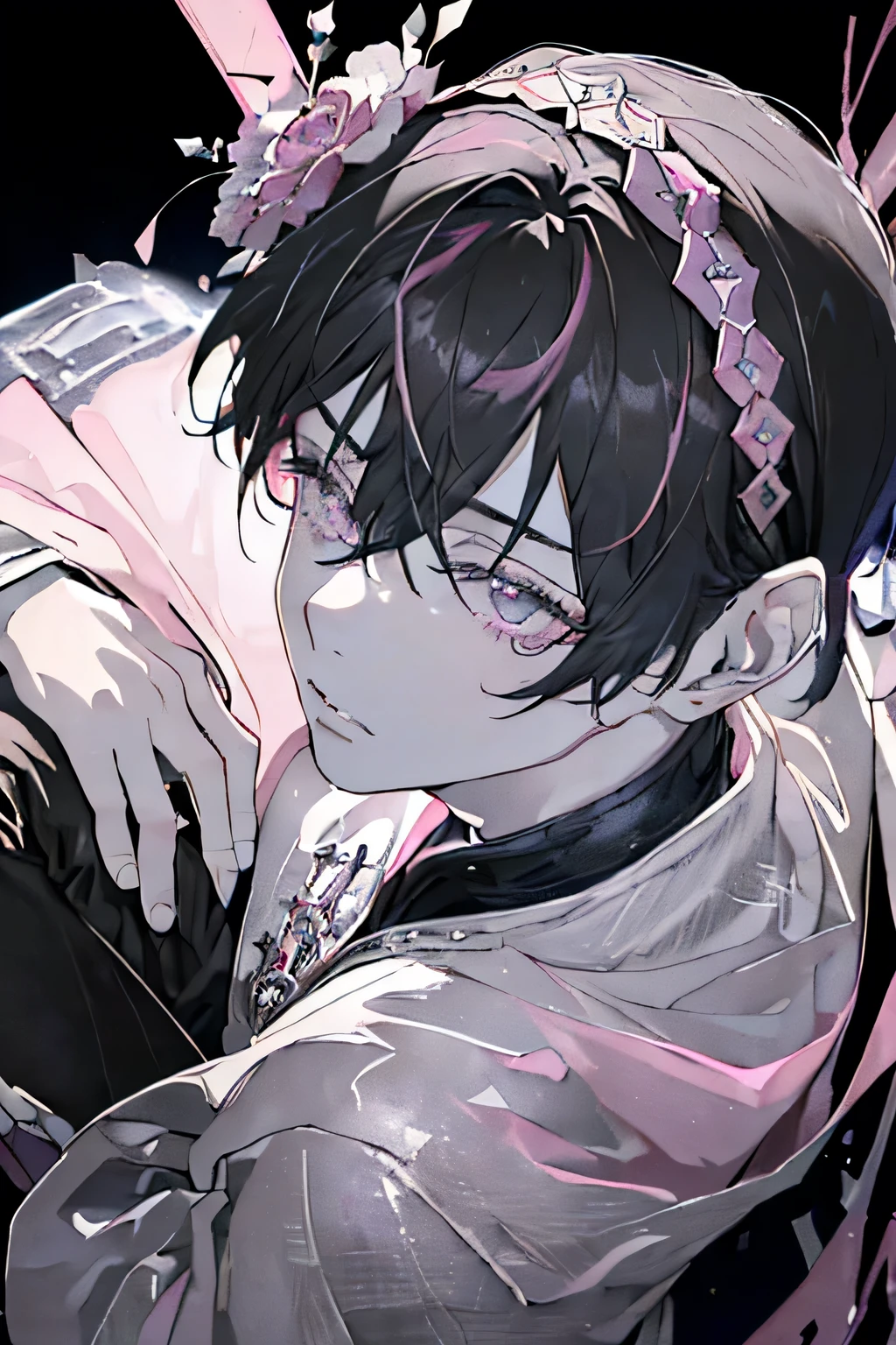((A ruined city full of rubble)),(After the war),((Vast landscape covered with rubble)),(A boy in ragged clothes),((black hair)),(Lifeless eyes),((sit down,Place your knees on the ground on both sides)),((Look up at me)),(Mouth sLightly open),((Light pink eyes)),((monochrome world)),((Black,grey,Light)),((Hair accessories decorated with many dark pink jewels))((View from directly above)),(Sharp eye Light),(((Adult male))),Face clarity,The white of the eye is distinct,Five fingers,juvenile,Chu Chu pitiful,short hair