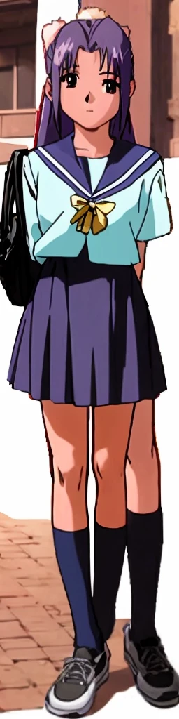 Momoko Koigakubo, a tall girl with beautiful legs, is standing in front of the school building with a smile wearing a sailor uniform with a dark blue mini skirt.。