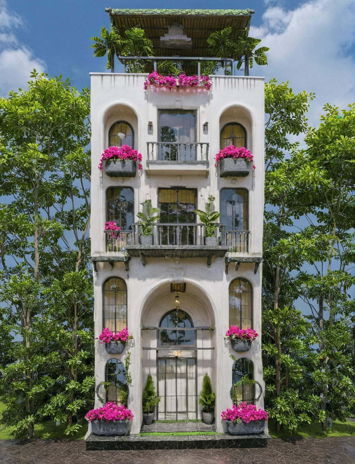 Raw photo,Masterpiece, high quality, best quality, authentic, super detail, exterior, outdoors, house style indochine, Many bougainvilleas along the road ,aiaigroup road,pavement, grass, trees, sky, cloud, (day:1.1), vivid colour ((green tile roof:1.3))