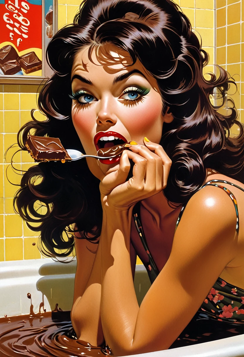 Cute dainty Japanese girl in bathroom, eating melting chocolate candy bar, chocolate all over her fingers and face, lemonade on her legs and feet, sour cream on her face, chocolate pudding smeared on walls, old Japanese porn aesthetic, by Frank Frazetta, by Brian Bolland, by Jim Steranko, Euro-Fumetti style, 1960s retro aesthetic, vivid lurid technicolor tones, Lomography effect, Best Quality HD, 8x, intricately detailed, vintage erotic art style, vivid colors, crisp details of face, 35mm motion picture film, grainy damaged film, old analog film