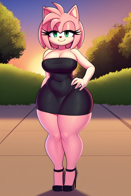 full body, Amy rose, seductive, bare shoulder, little black dress, thicc body, strapless dress, short bodycon dress, skin-tight dress, black high heels, sundown, park background smile, hand on hip, thick thighs, 2D illustration