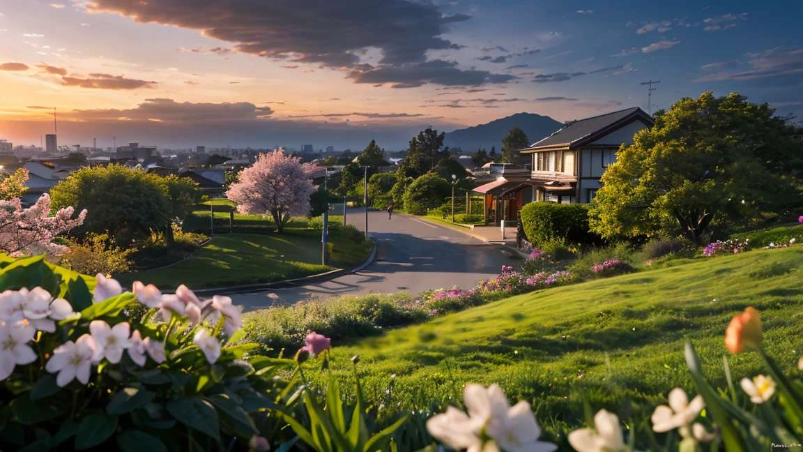 Very detailed, ((highest quality)), (Ultra-high resolution,8k), (8K wallpapers incorporating highly detailed CG), Cinematic lighting effects, (far and near method), Beautiful lighting, (Beautiful night view), warm, spring, (Cloudy grey sky), grassland, Rest area, (cherry blossoms), (cherry blossomsの花), ((詳細なspringの新宿御苑の), (Garden of Words),(Detailed cityscape from a distance), Residential Street, Apartment, Calm atmosphere, (Photorealistic), Photographed with Canon EOS R6, kotonoha no niwa