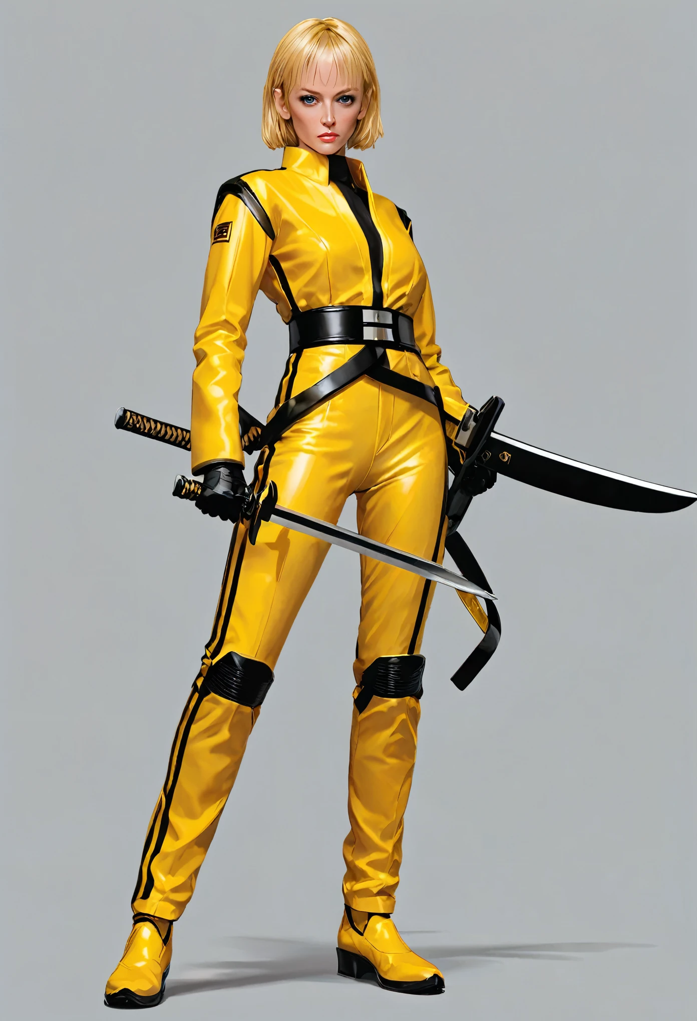 masterpiece, best quality, ultra-detailed, highres, detailed, Tight Combat Suit as kill bill movie character, a katana in hand, combat pose,