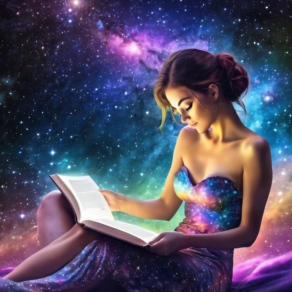realistic photography of a topless woman sitting in the stars and reading a colored shining book, rainbow colored cosmic nebula sky background, stars, galaxies