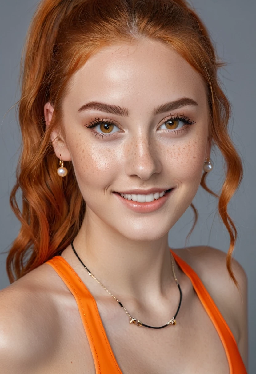 hyperrealistic beautiful busty 18-year-old teen girl with long legs wearing wetlook orange skinny highneck swimsuit and sneakers, model shooting full body photography, natural redhead with long ponytail, freckles, dark eye makeup with eyeliner, seductive smile, small necklace, 8K, Best quality, Meisterwerk, ultra high resolution, (Realismus: 1.4), Originalfoto, (realistische Hautstruktur: 1.3), (Filmkorn: 1.3), (Selfie-Winkel), 1 girl, Beautiful round hazel eyes and facial details, Meisterwerk, Best quality, studio photography
