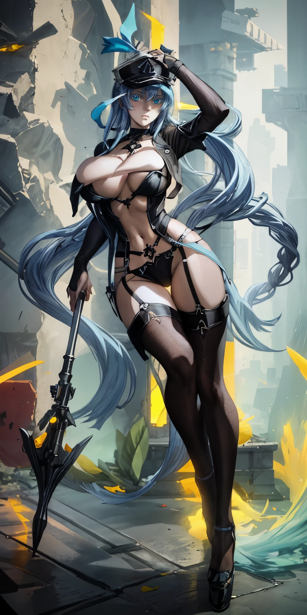 Esdeath, breasts, long hair, blue hair, blue eyes, hat, solo, very long hair, peaked cap, anatomically correct, heavy breathing, mature female, 1girl, covered navel, breasts, solo, full_body, weapon, standing, jewelry, black_bodysuit, bodysuit, large_breasts, bodystocking, high_heels, toes, looking_at_viewer, "glow effects, godrays, Hand drawn, render, 8k, octane render, cinema 4d, blender, dark, atmospheric 4k ultra detailed, cinematic, Sharp focus, big depth of field, Masterpiece, colors, 3d octane render, 4k, concept art, trending on artstation, hyperrealistic, Vivid colors, extremely detailed CG unity 8k wallpaper, trending on CGSociety, Intricate, High Detail, dramatic", (shaded face:1.2), hollow eyes, aqua eyes, looking at viewer, (heavy breathing:1.2), expressionless, glowing eyes, nsfw