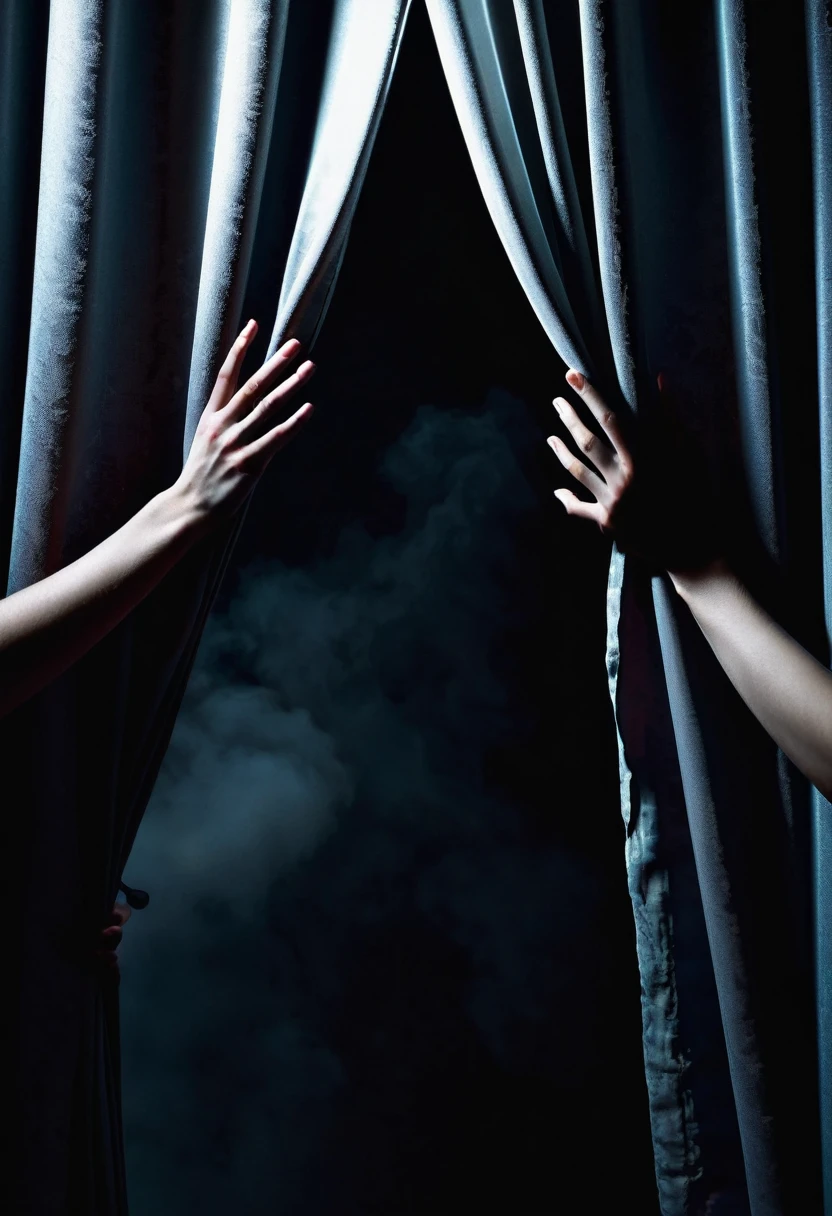 two arms with hands opening a curtain in a dark and scary atmosphere
