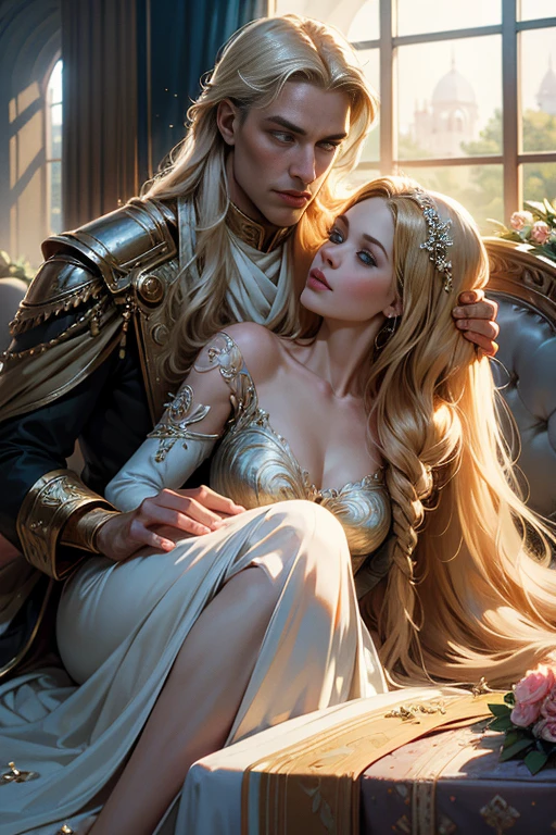 (masterpiece, highest quality, high resolution, 8k, difficulty: 1.2) photorealistic book cover in the genre of epic romantic fantasy, centered on a COUPLE (man and woman). Spring romantic fantasy in the center - a handsome tall statuesque manly young man-blonde with long white hair, wearing a military uniform and ribbed armor, he hugs from behind a beautiful incredibly beautiful young femme fatale with long golden hair, blue eyes, she is a princess, proportional, delicate, shimmering, beautiful faces, daytime bokeh, a fairy tale, mysterious, light spring color gamma, (Best quality, 8K, high resolution, Masterpiece: 1,2), Over-detailed (Realistic, Photorealistic, photorealistic-realistic: 1,37), Artistic design in a creative style, Historical, Classic, Exquisite, many colors, High detail, soft lighting, luxurious furnishings, dress with details, Bright flowers, exquisite jewelry, Unearthly atmosphere, Elegant pose, Graceful curves, Golden proportions of the body, Loose hair, Breathtaking textile patterns, Piercing blue eyes, Delicate floral decor, Dazzling set of crystal accessories, Mysterious and dreamy atmosphere, Impeccable attention to detail.