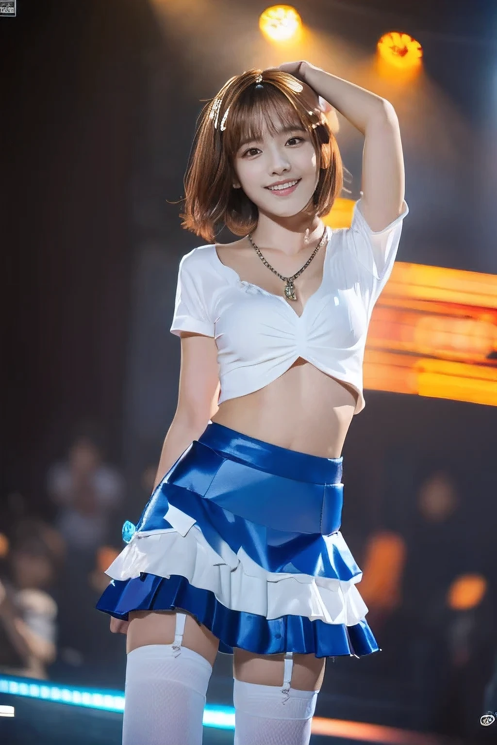 (An 18-year-old idol girl dancing on stage:1.5)、(Cute smile:1.2)、(The best quality at its best:1.4), (Super detailed), (Very detailed CG unified 16k), Beautiful woman with perfect figure: 1.4, Sharp focus: 1.2, Very detailed, High-quality RAW color photos, Professional photography, Great face and eyes, cosmetics, (Amazingly beautiful girl), ((Cute idol costumes:1.5)), Sexy posture，(View from below), Realistic movie faces, Full body long view from head to toe, Realistic, ((Realistic natural orange red hairstyle, Realistic blue eyes)), ( Short Bob Hair:1.5), (necklace:1.5)、, Very beautiful face, Perfect model beauty, Mouth swelling, Highly detailed face and skin texture, Fine grain, double eyelid, Medium chest, (masterpiece), highest quality, High resolution, Very detailed, Blurred Background, Depth of written boundary, Cinema Lighting, Great legs, , Clear, well-maintained skin,