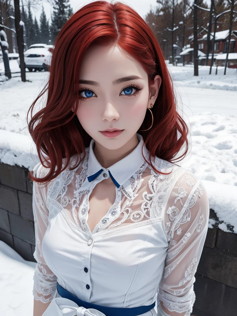 woman with white skin, red hair, blue eyes, pin-up style, with lace clothes, in the snow