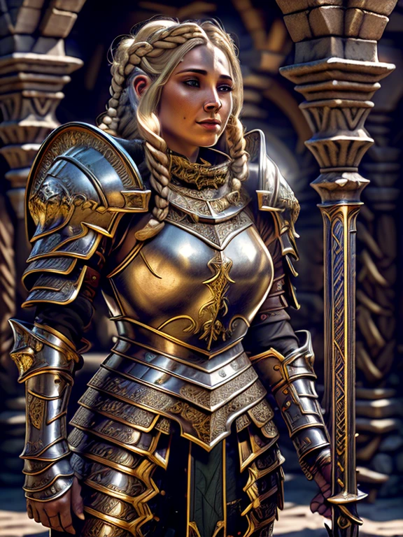 Award-winning digital art of a dwarven priestess, Rich blonde braids, Wearing metal armor, in a fantasy village, d&d, masterpiece, highest quality, High Contrast, Soft lighting, Backlight, bloom, The light shines, chromatic aberration, Smooth, Sharp focus 
