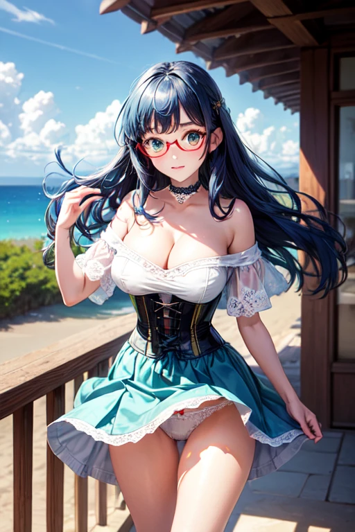 Black choker、((Beige knee-length short-sleeved mini dress))、(corset)、((Long blue hair))、Blue-green eyes、Severe myopia、(Red-rimmed glasses)、Big Breasts、、((Shy expression))、beautiful teacher、24-years-old、((highest quality))、((High resolution))、anime、(White off-shoulder)、Medieval Europe、Cleavage、((Skirts rolled up in the wind))、(Perfect Five Fingers)、Medieval Europe、((White lace panties are fully visible))