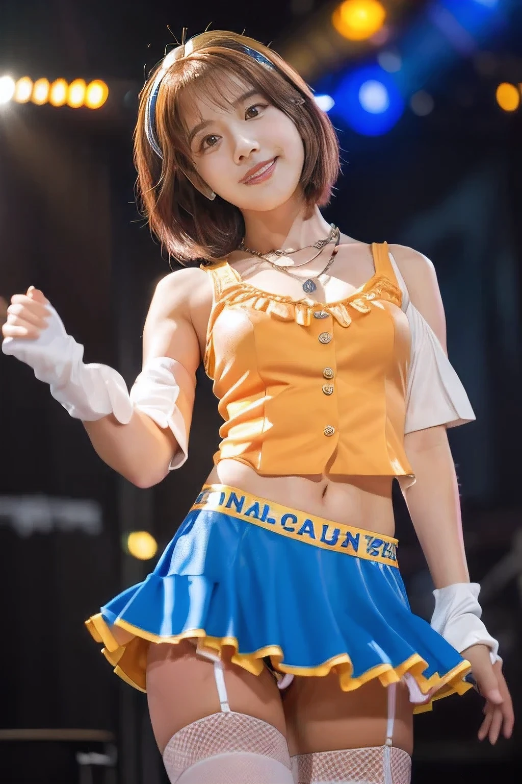 (An 18-year-old idol girl dancing on stage:1.5)、(Cute smile:1.2)、(The best quality at its best:1.4), (Super detailed), (Very detailed CG unified 16k), Beautiful woman with perfect figure: 1.4, Sharp focus: 1.2, Very detailed, High-quality RAW color photos, Professional photography, Great face and eyes, cosmetics, (Amazingly beautiful girl), ((Cute idol costumes:1.5)), Sexy posture，(View from below), Realistic movie faces, Full body long view from head to toe, Realistic, ((Realistic natural orange red hairstyle, Realistic blue eyes)), ( Short Bob Hair:1.5), (necklace:1.5)、, Very beautiful face, Perfect model beauty, Mouth swelling, Highly detailed face and skin texture, Fine grain, double eyelid, Medium chest, (masterpiece), highest quality, High resolution, Very detailed, Blurred Background, Depth of written boundary, Cinema Lighting, Great legs, , Clear, well-maintained skin,