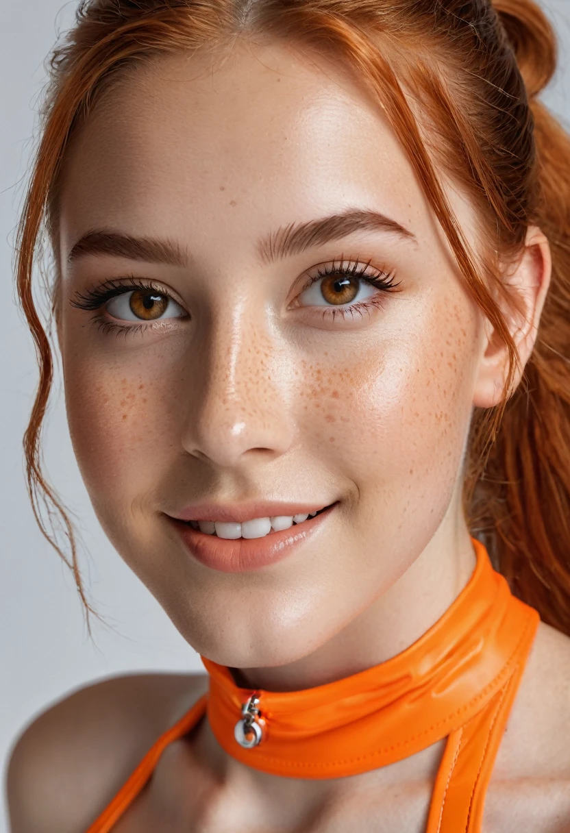 hyperrealistic beautiful busty 18-year-old teen girl with long legs wearing wetlook orange skinny highneck swimsuit and sneakers, model shooting full body photography, natural redhead with long ponytail, freckles, dark eye makeup with eyeliner, seductive smile, small necklace, 8K, Best quality, Meisterwerk, ultra high resolution, (Realismus: 1.4), Originalfoto, (realistische Hautstruktur: 1.3), (Filmkorn: 1.3), (Selfie-Winkel), 1 girl, Beautiful round hazel eyes and facial details, Meisterwerk, Best quality, studio photography
