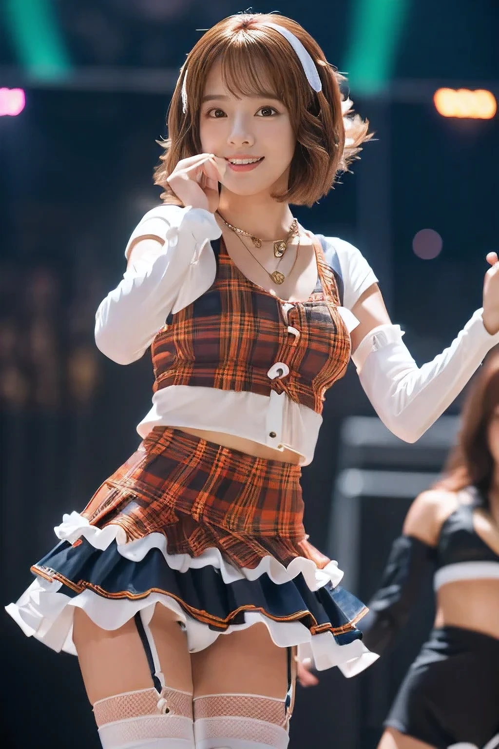 (An 18-year-old idol girl dancing on stage:1.5)、(Cute smile:1.2)、(The best quality at its best:1.4), (Super detailed), (Very detailed CG unified 16k), Beautiful woman with perfect figure: 1.4, Sharp focus: 1.2, Very detailed, High-quality RAW color photos, Professional photography, Great face and eyes, cosmetics, (Amazingly beautiful girl), ((Cute idol costumes:1.5)), Sexy posture，(View from below), Realistic movie faces, Full body long view from head to toe, Realistic, ((Realistic natural orange red hairstyle, Realistic blue eyes)), ( Short Bob Hair:1.5), (necklace:1.5)、, Very beautiful face, Perfect model beauty, Mouth swelling, Highly detailed face and skin texture, Fine grain, double eyelid, Medium chest, (masterpiece), highest quality, High resolution, Very detailed, Blurred Background, Depth of written boundary, Cinema Lighting, Great legs, , Clear, well-maintained skin,