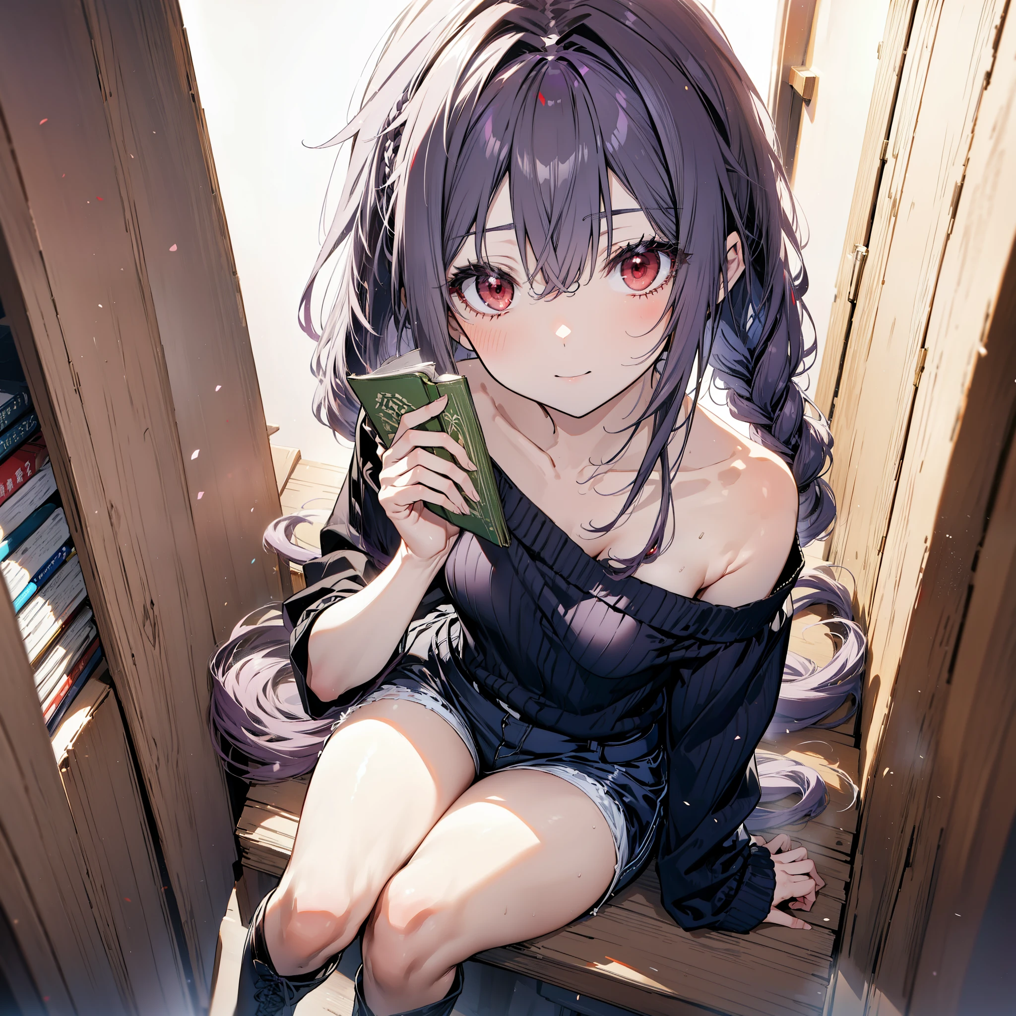 yuukikonno, Konno Yuuki, hair band, Long Hair, Pointed Ears, Purple Hair, (Red eyes:1.5), (Small breasts:1.2), Close your mouth,smile、,Long braids,Black-rimmed glasses,Oversized one-shoulder sweater,Shorts,short boots,sitting in a chair reading a book,
break looking at viewer, whole body,
break indoors, figure書館,
break (masterpiece:1.2), highest quality, High resolution, unity 8k wallpaper, (figure:0.8), (Beautiful fine details:1.6), Highly detailed face, Perfect lighting, Highly detailed CG, (Perfect hands, Perfect Anatomy),