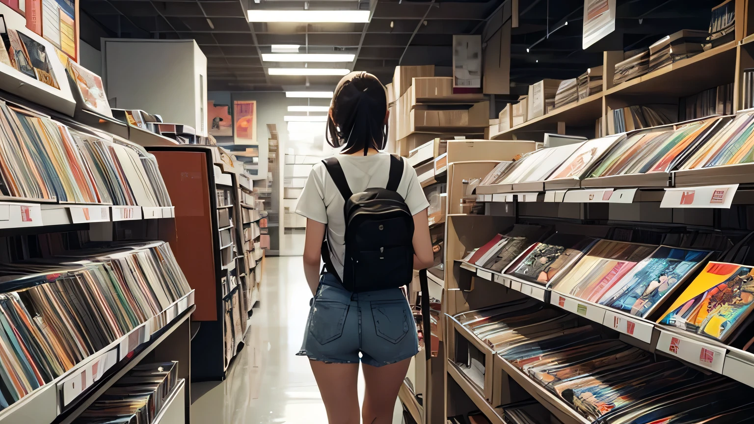 The back view of a neat and clean girl searching for something in a record store