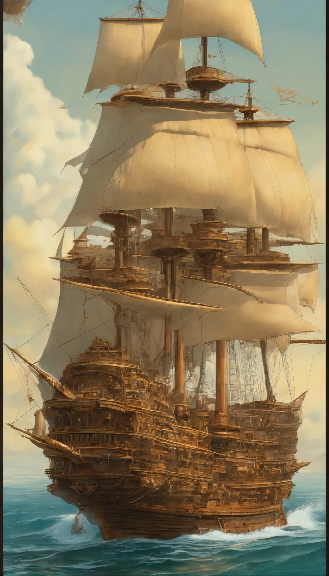 Huge, intricately detailed ships with a touch of old-fashioned charm、An unmistakable work by Moebius Jean-Giraud、worthy of the name「Sky City Ship」。This magnificent, towering, fantastical floating metropolis、It weaves the tale of an ancient civilization lost to time and treasure.。A rich display of Gothic architecture、An encounter with steampunk ingenuity、Inspire a sense of awe as you tread the line between the realms of reality and fantasy。In the sky、Complex gears spinning、Animate the ship's rigging、Leaves a trail of sparkling stardust as it spins。