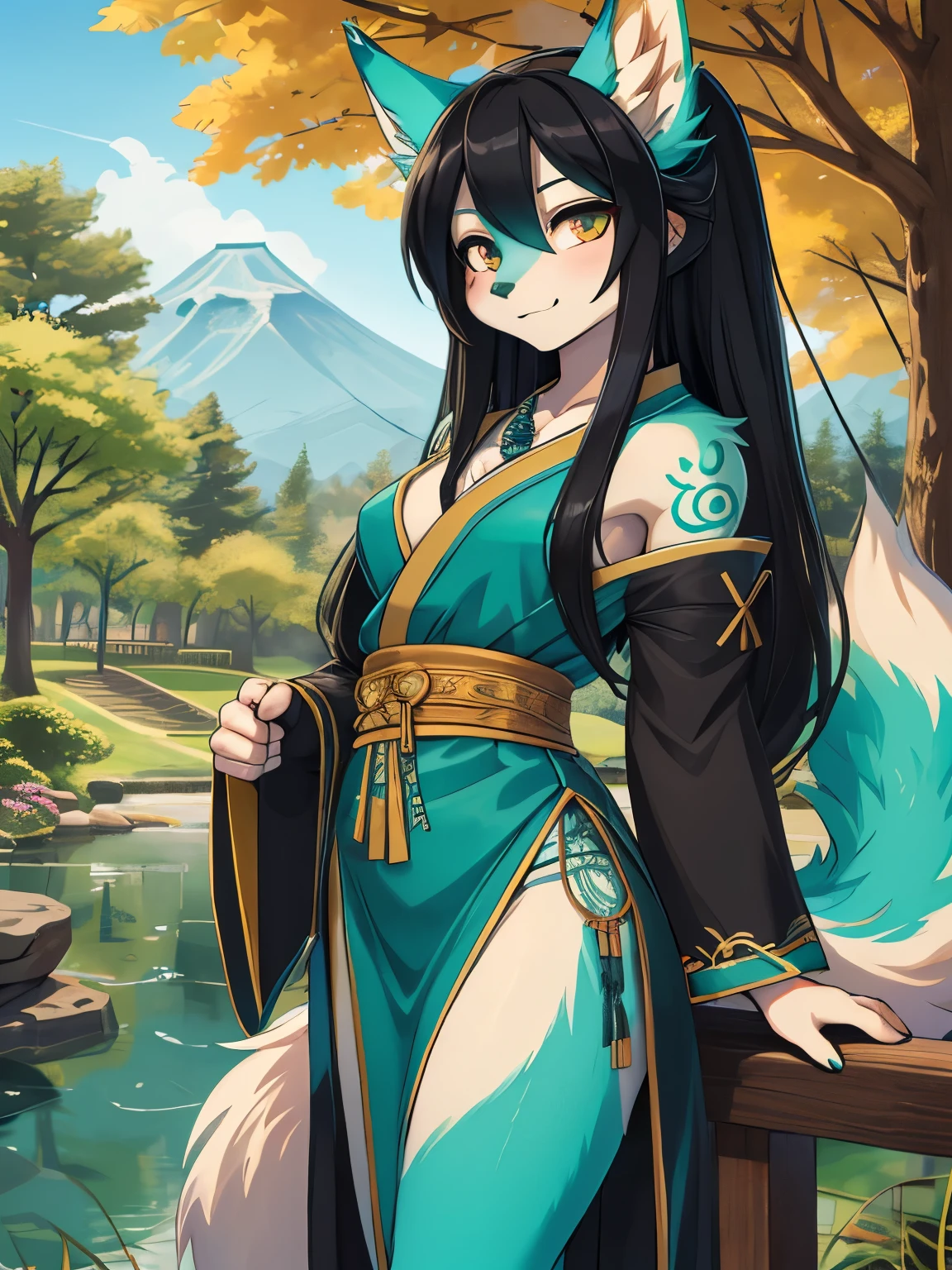 Miku hatsune,arabe, alta definicion, green body, black hair,orejas de kitsune, tribal tatoo, high school cute clothws, cute girl, 18 years old girl, park landscape, feudal sacerdotist costume, japanese landscape, tori begind