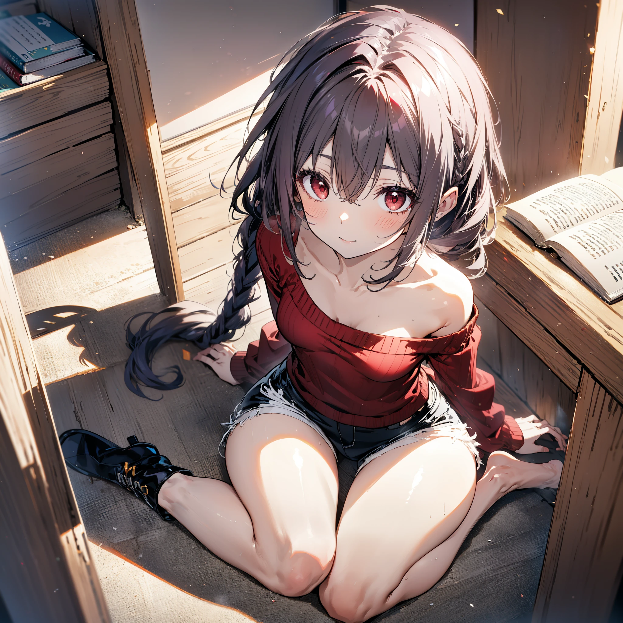 yuukikonno, Konno Yuuki, hair band, Long Hair, Pointed Ears, Purple Hair, (Red eyes:1.5), (Small breasts:1.2), Close your mouth,smile、,Long braids,Black-rimmed glasses,Oversized one-shoulder sweater,Shorts,short boots,sitting in a chair reading a book,
break looking at viewer, whole body,
break indoors, figure書館,
break (masterpiece:1.2), highest quality, High resolution, unity 8k wallpaper, (figure:0.8), (Beautiful fine details:1.6), Highly detailed face, Perfect lighting, Highly detailed CG, (Perfect hands, Perfect Anatomy),