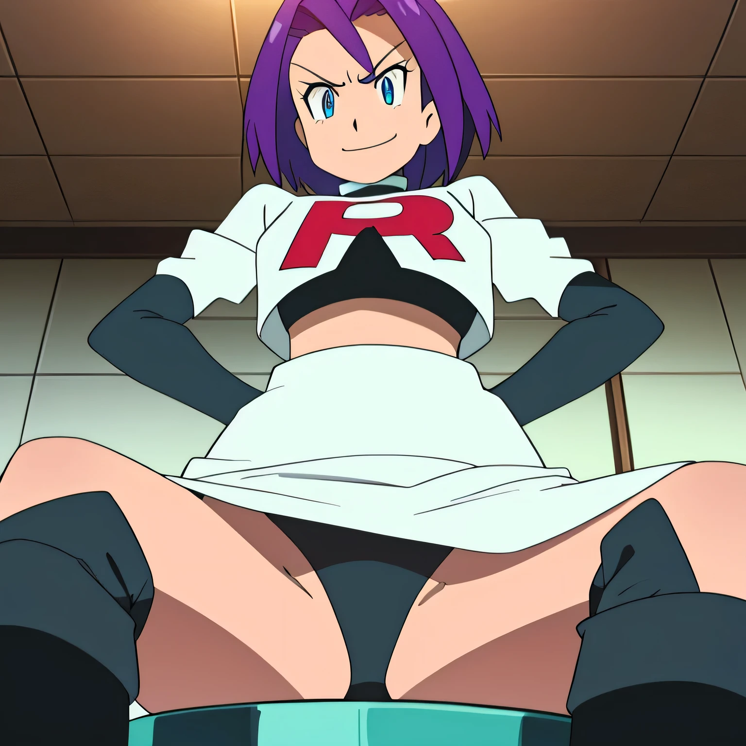 Colorful , masutepiece, Best Quality, 1girl in, , purple hair, middle hair, spike hair, Evil Female Executive, Goth Lolita Costume, a miniskirt, White stockings, Large red ribbon, a choker, White inner, black clothes, Sadistic smile, evil smile, bkack boots, bat wings, , from below, looking at viewer, trample on viewer,masterpiece,best quality,high res,high quality,8k, masterpiece,highres, team rocket uniform, red letter r, white skirt,white crop top,black thigh-high boots, black elbow gloves, glaring angrily, looking down at viewer, hands on hips, cowboy shot, zettai ryouiki,sitting on toilet.spread legs,from below, black panties,detailed facial features, highly detailed, 8k, photorealistic, vibrant colors, dramatic lighting, cinematic composition,
