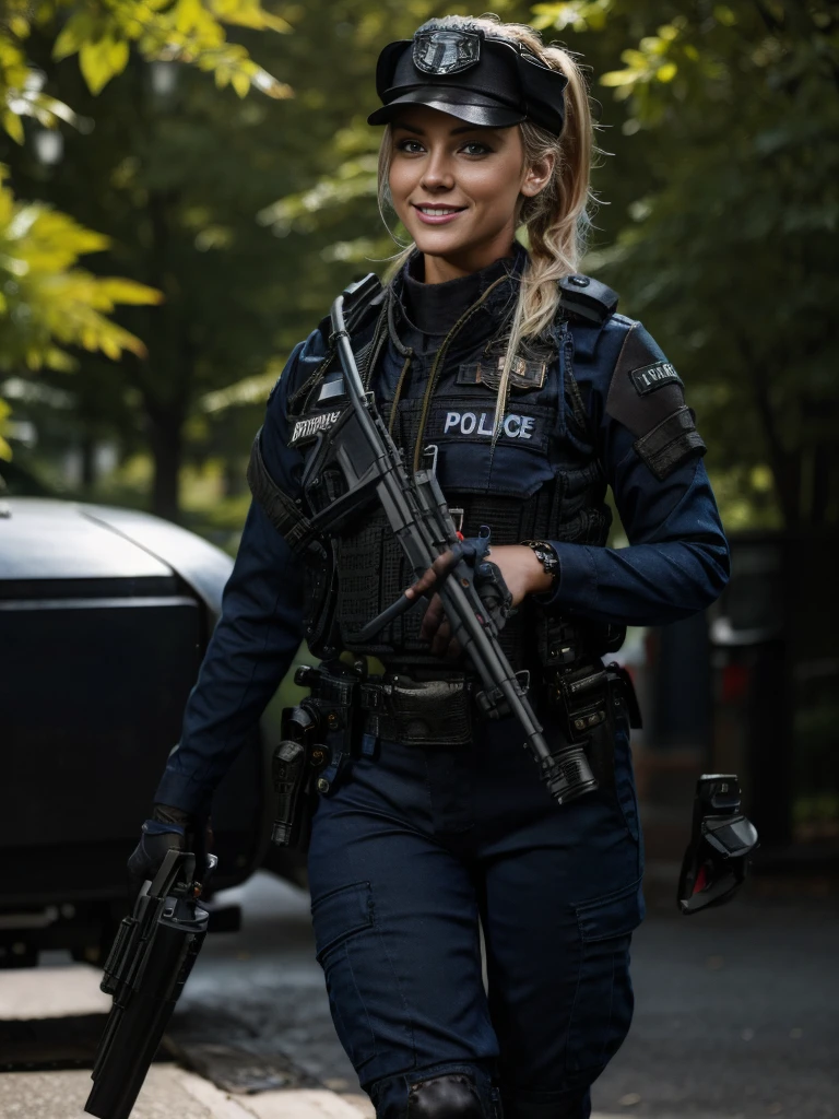 Masterpiece, a beautiful 24 years old American woman in police uniform standing near a city fountain in Central Park, New York. SWAT bullet proof vest, Portrait of a female cop, blond hair in a ponytail, blue-grey eyes, slim runners body, small breasts, absolutely outstanding image, policewoman, wearing a policewoman's uniform, female cop, cop, ultra realistic photo, black police pants, badge, policewoman's hat, policewoman costume, trainee cop, looking at viewer, smiling, beckoning to viewer, alluring, nsfw, bright sunshine, sunny day, Central Park in the Background, 16K, ultra high res.photorealistic, UHD, DSLR, RAW, natural light, depth of field, perfect eyes, perfect hands, perfect body, perfect hair, perfect breast, UHD, retina, masterpiece, accurate, anatomically correct, super detail, high details, high quality, award winning, best quality, highres, 16k, 8k,