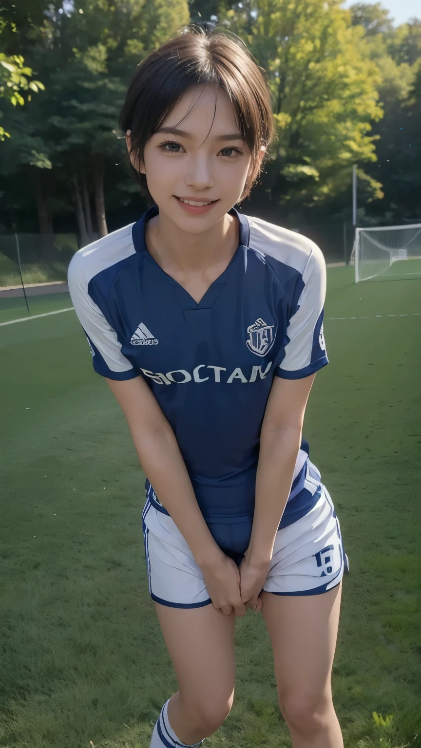 ((face the front of the camera:2.0)), (Clothing:2.0, Soccer uniforms:2.0, Shorts:2.0), (Outdoor soccer court:1.5), (Wet:1.5), ((A grin:1.2, short hair:1.2, slender:1.5, Small Ass:1.5)), ((Japanese, 1 Girl, 18-year-old, 7 heads, Ideal body proportions, Black Hair, With bangs, Small breasts, Erect nipples, slender, Small Ass, Beautiful feet, Skinny Legs)), Surrealism, Cinematic Lighting, Depth of written boundary, First Person View, Boobs F/1.8, 135mm, Ticker, Mastepiece, Curate, ((Anatomically correct:1.3)), Textured skin, Super Detail, High detail, High quality, Awards, Best Quality, High resolution, 8K