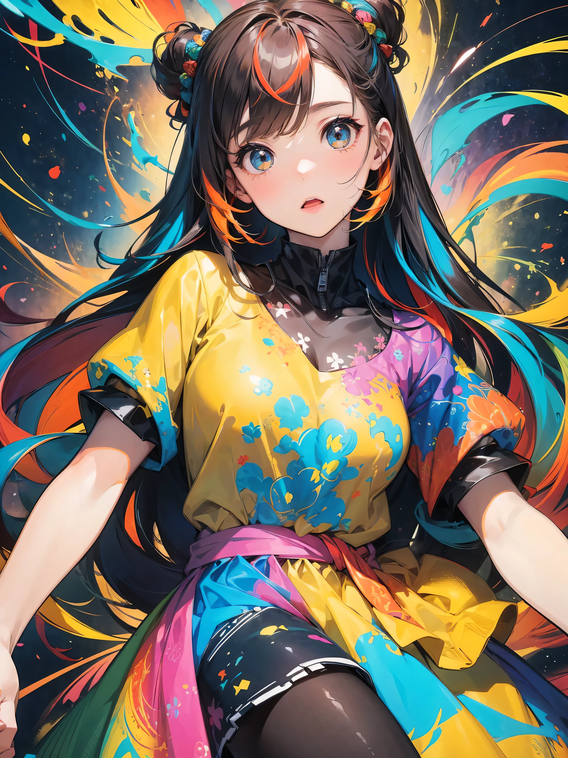 Illustration of a girl surrounded by vitality,Multicolored paint background,Reminiscent of Jackson Pollock's Abstract Expressionism. The girl stands in the center of the composition,Her blond hair flows gracefully. The background color is colorful,Blending and coming together in a burst of energy and creativity. The lights are dynamic,Light and shadow splash in the scene,Add depth and dimension. The atmosphere was warm、joy,The girl's playfulness is reflected in the colorful chaos,