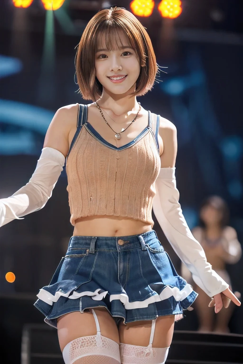 (An 18-year-old idol girl dancing on stage:1.5)、(Cute smile:1.2)、(The best quality at its best:1.4), (Super detailed), (Very detailed CG unified 16k), Beautiful woman with perfect figure: 1.4, Sharp focus: 1.2, Very detailed, High-quality RAW color photos, Professional photography, Great face and eyes, cosmetics, (Amazingly beautiful girl), ((Cute idol costumes:1.5)), Sexy posture,(View from below), Realistic movie faces, Full body long view from head to toe, Realistic, ((Realistic natural orange red hairstyle, Realistic blue eyes)), ( Short Bob Hair:1.5), (necklace:1.5)、, Very beautiful face, Perfect model beauty, Mouth swelling, Highly detailed face and skin texture, Fine grain, double eyelid, Medium chest, (masterpiece), highest quality, High resolution, Very detailed, Blurred Background, Depth of written boundary, Cinema Lighting, Great legs, , Clear, well-maintained skin,