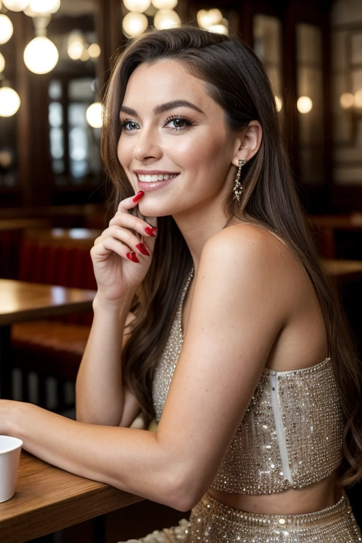 masterpiece, best quality, cinematic, volumetric lighting, very detailed, high resolution, sharp, sharp image, 4k, 8k, 35 mm,
1girl, k4y4sc0d3-smf on a restaurant, sitting, food, table, drinks, ring, luxury, long hair, lips, brown hair, grey eyes, closed mouth, makeup, smile