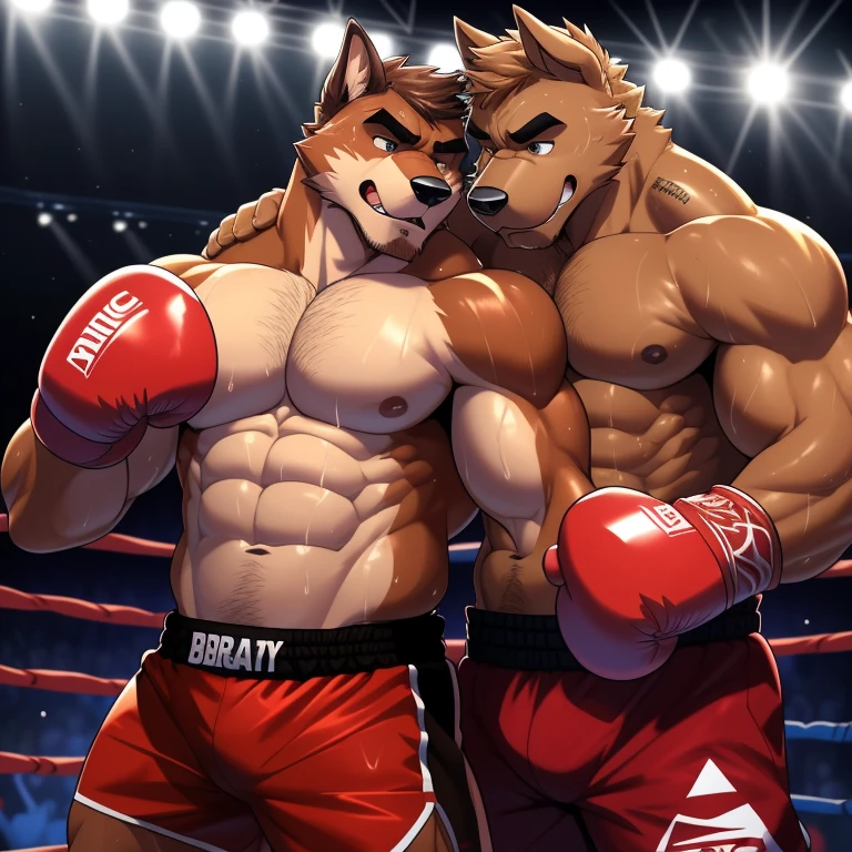 Two male boxing(Brown Dog vs Brown Dog, handsomes, perfect eyes, Thick eyebrows), gay(cuddling chin on shoulders, embraced from behind, on a boxing match), hot(Both are Shirtless), handsomes(They are handsomes, correct anatomy), musculosos(Big muscle bodies, Six packs, muscle abs, big pecs, muscle backs), sweaty(very sweaty wet bodies, shiny sweat), tatuajes(they have tattoos), Angry(They have an angry expression), Boxing gloves(They both are wearing red boxing gloves), boxing shorts(both are wearing boxing shorts), Hight resolution