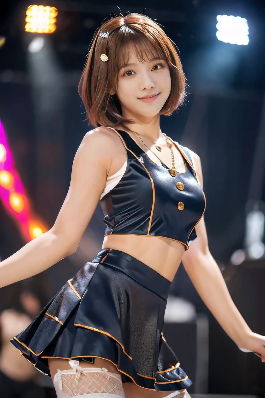 (An 18-year-old idol girl dancing on stage:1.5)、(Cute smile:1.2)、(The best quality at its best:1.4), (Super detailed), (Very detailed CG unified 16k), Beautiful woman with perfect figure: 1.4, Sharp focus: 1.2, Very detailed, High-quality RAW color photos, Professional photography, Great face and eyes, cosmetics, (Amazingly beautiful girl), ((Cute idol costumes:1.5)), y posture,(View from below), Realistic movie faces, Full body long view from head to toe, Realistic, ((Realistic natural orange red hairstyle, Realistic blue eyes)), ( Short Bob Hair:1.5), (necklace:1.5)、, Very beautiful face, Perfect model beauty, Mouth swelling, Highly detailed face and skin texture, Fine grain, double eyelid, Medium chest, (masterpiece), highest quality, High resolution, Very detailed, Blurred Background, Depth of written boundary, Cinema Lighting, Great legs, , Clear, well-maintained skin,