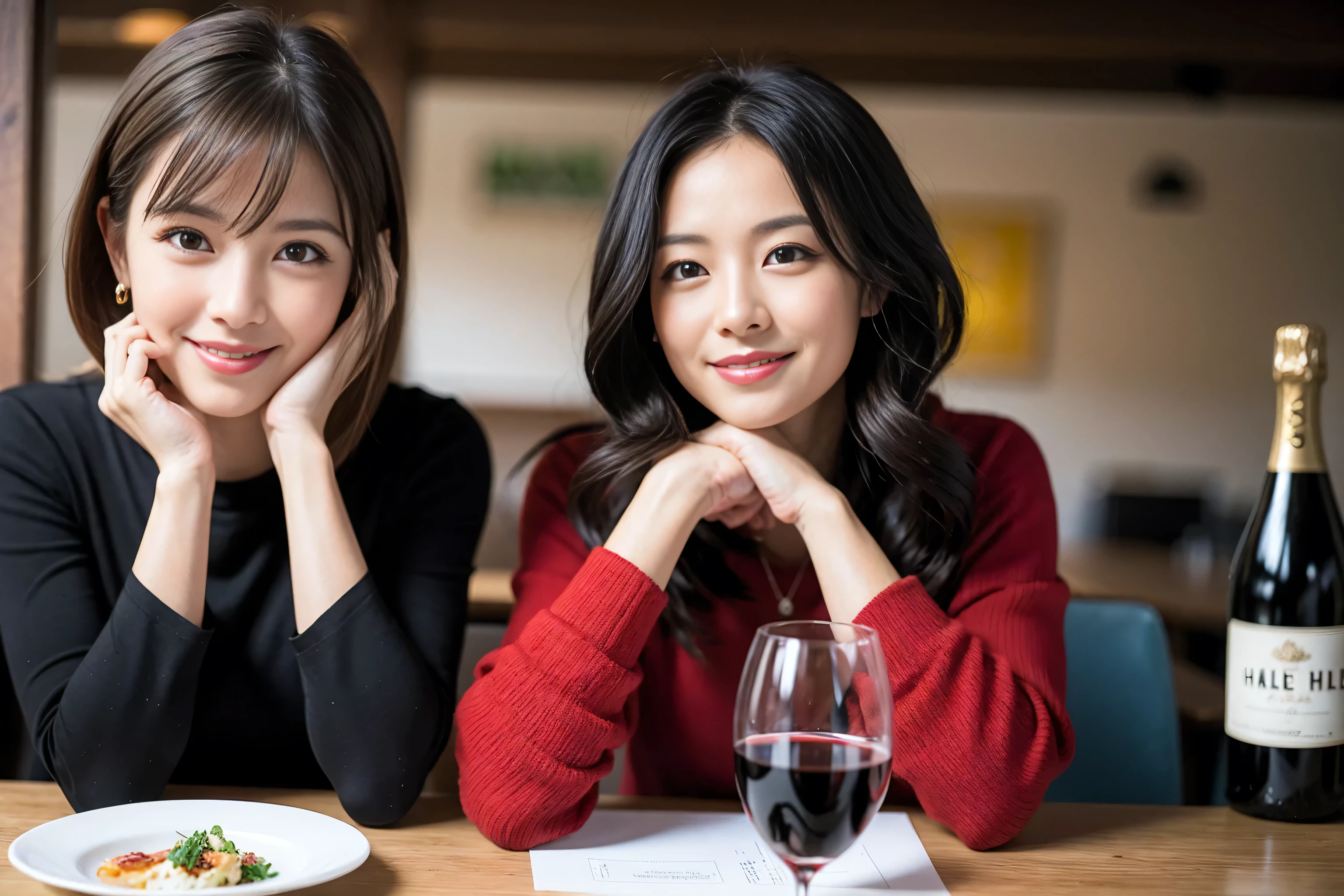 ((highest quality、8k、masterpiece:1.3))、1 male、1 female、Satomi Ishihara-like beautiful couple、Spouse、Couple、The body is slim、((Bob Hale、Straight hair:1.2)), (Realistic, Intricate details:1.2), Wine glass on the table、Shine light on your face、 Amazing view of the sunset sky and clouds、Amazing mountain views、A bright smile、The wonderfulness of smile、Bright image、The beauty of wine, Beautiful Face, blue eyes, The light shines on your face, Blushing, short hair,Bright Face、 (Age 37), "41 years old, red wine 、Appetizers、Italian food、Wine bottle、Champagne、sparkling wine、Two beauties、Brown Hair、Shortcuts、Long sleeve shirt、dress、Pretty Woman 1, (Slim face), (The body is slim), (Brown Hair), (Shortcuts), cheeks turn a little red,Attractive beauty、restaurant, In a prominent place (From the waist up) Nova Frog Style, actress, model, Upper Body, White wine, slim, wine glass, A wine glass placed in the center, smile, (smile: 1.15), Beautiful fine grain, Depth f/2,saturation, High Contrast, Strong light and shadow,Moist Body:1.5、3D texture、Delicate eyes、Brown Hair、The hair is very shiny、