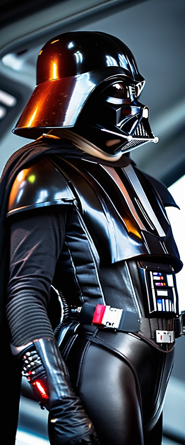 A lovely woman is portraying Darth Vader, dressed in a tight combat suit with a scary helmet, many indicator lights, she is on a scifi space ship, alluring and deadly